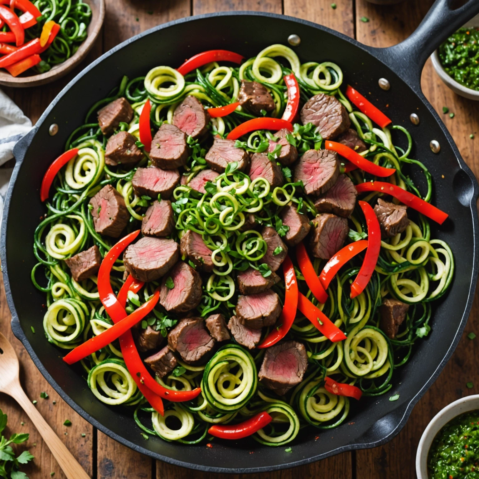 Low-Carb Beef and Zucchini Noodle Stir-Fry with Chimichurri