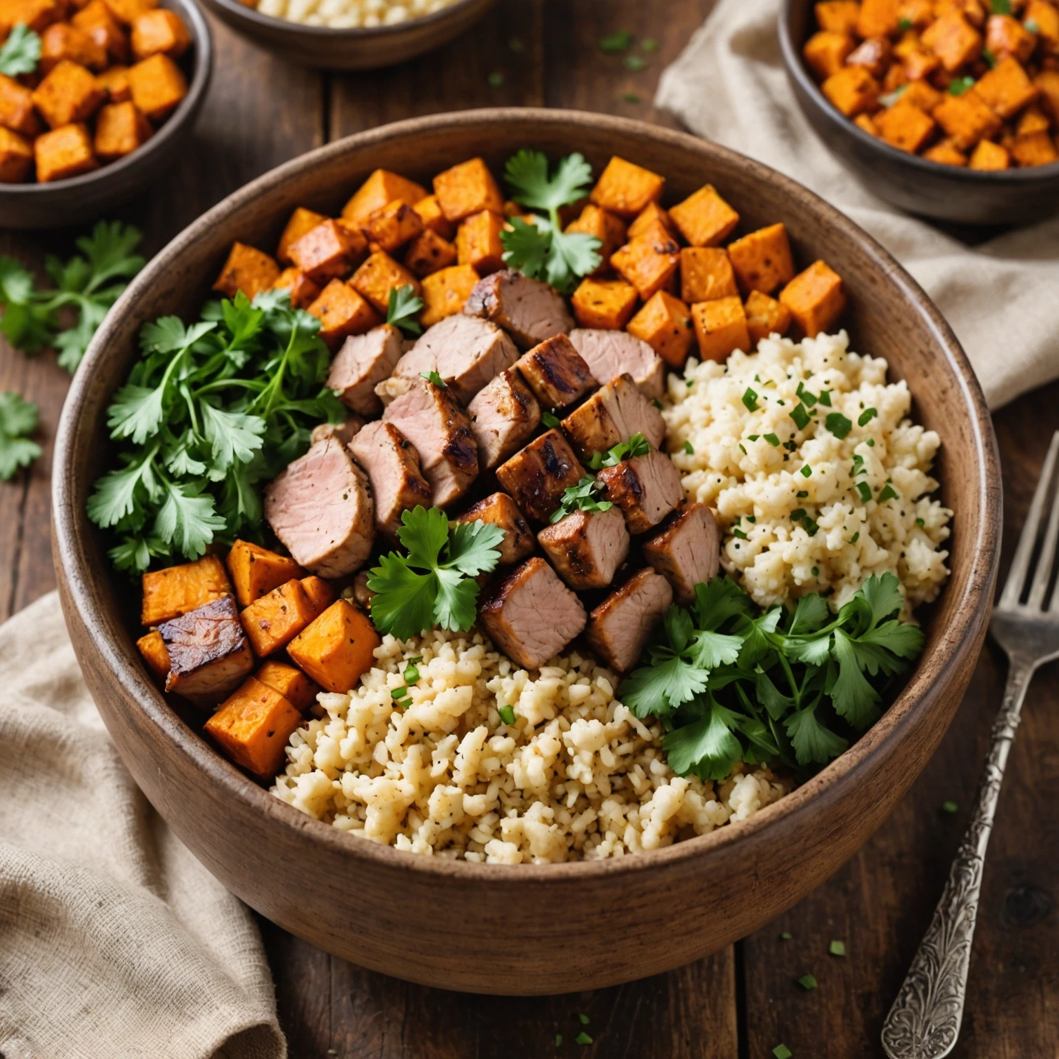 Pork and Sweet Potato Cauliflower Rice Bowls with Smoky Chipotle Sauce