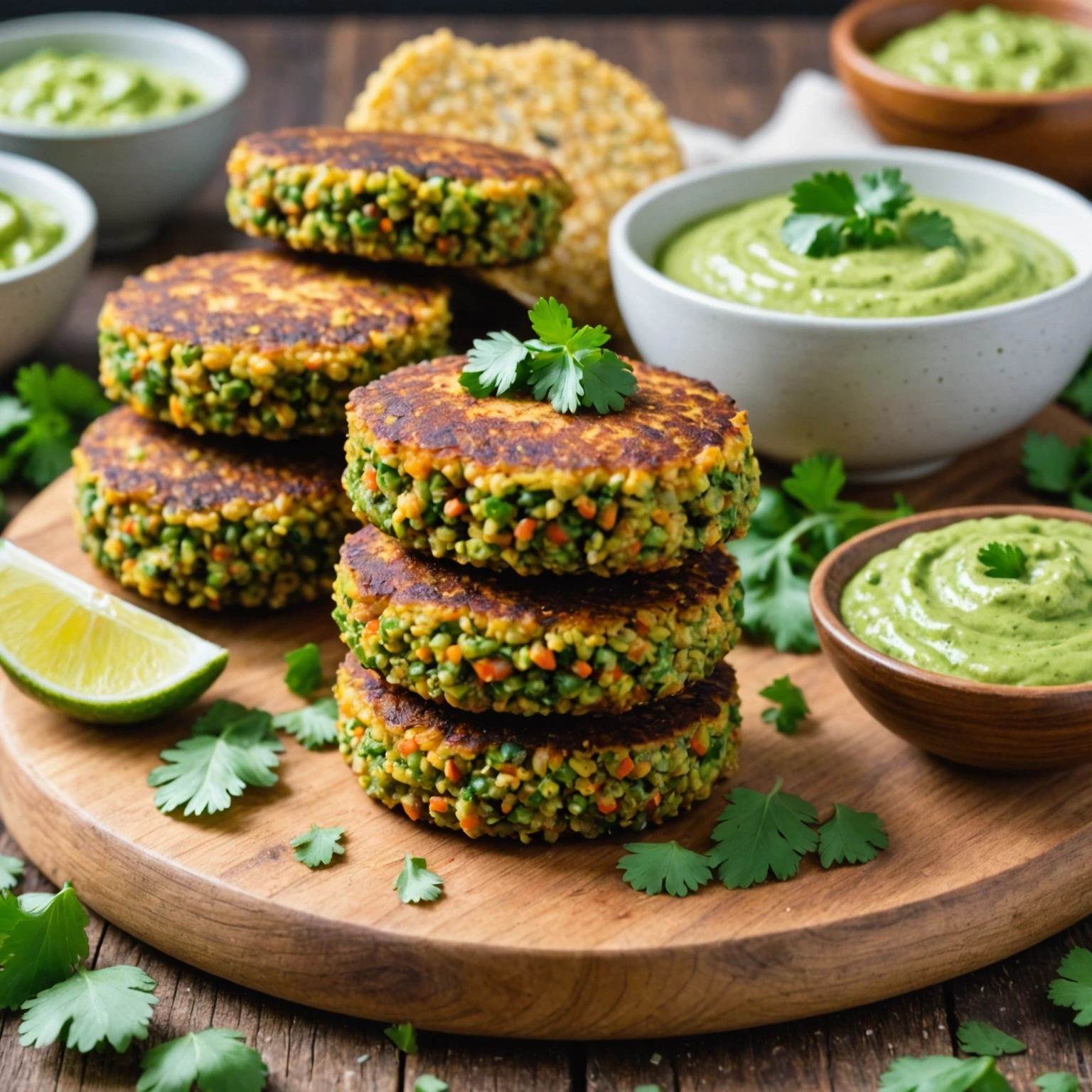 Quinoa and Lentil Veggie Patties with Creamy Avocado Cilantro Dip