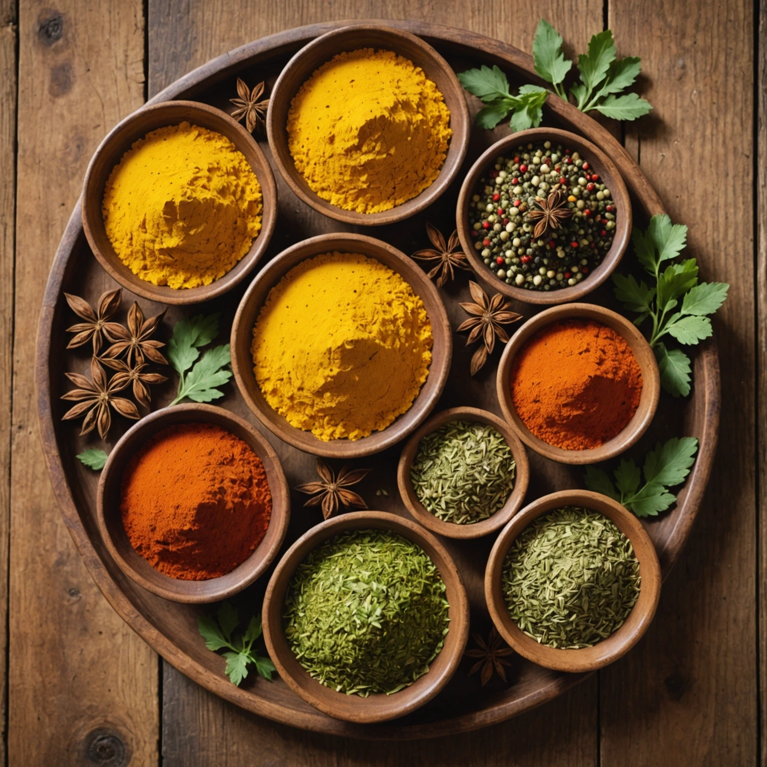Close-up view of vibrant Indian spices in rustic bowls with fresh herbs on a wooden table emphasizing complex flavor and nutrition