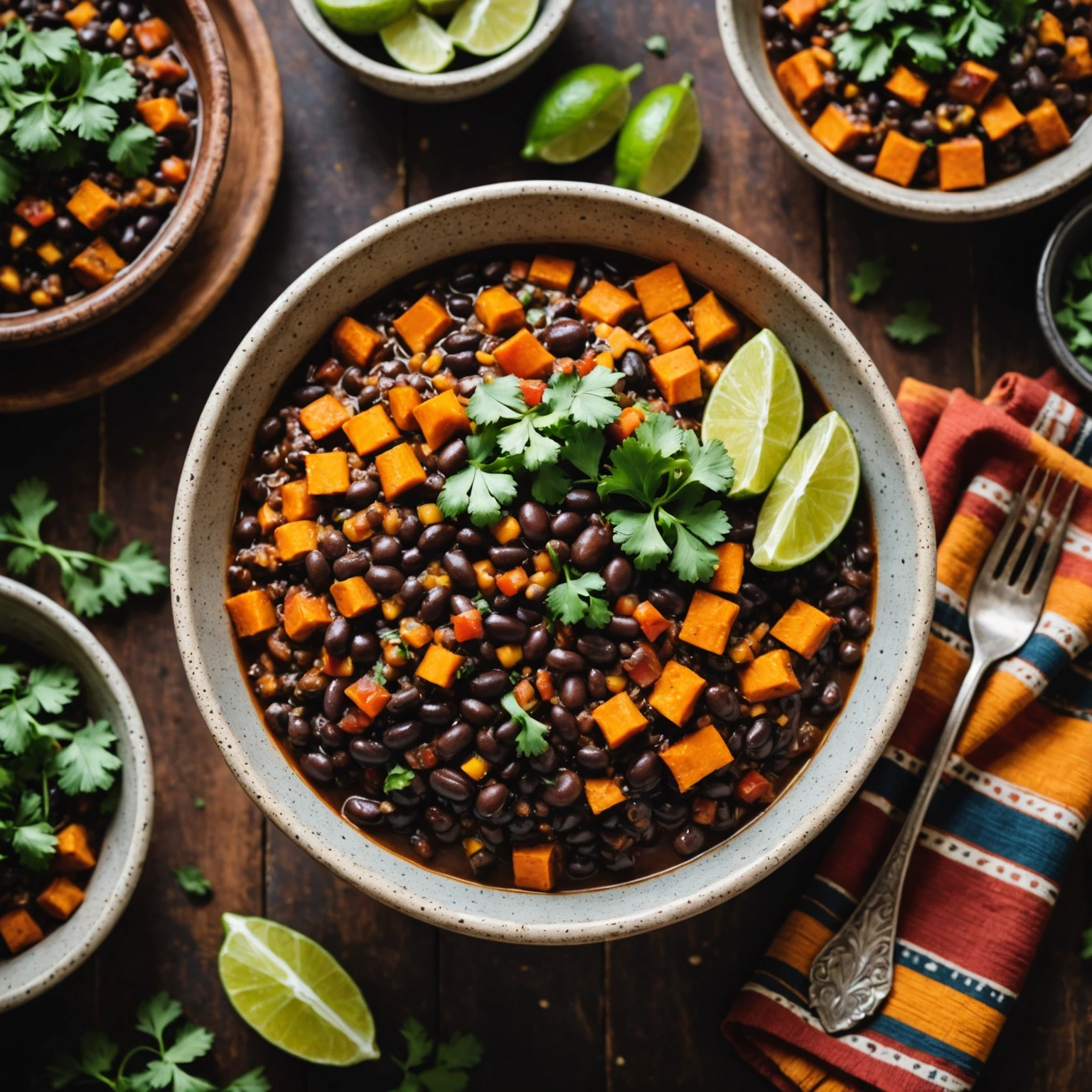 Rustic bowl of black bean and sweet potato chili garnished with fresh herbs and lime with woven textile backdrop showcasing Southwest culinary flavor