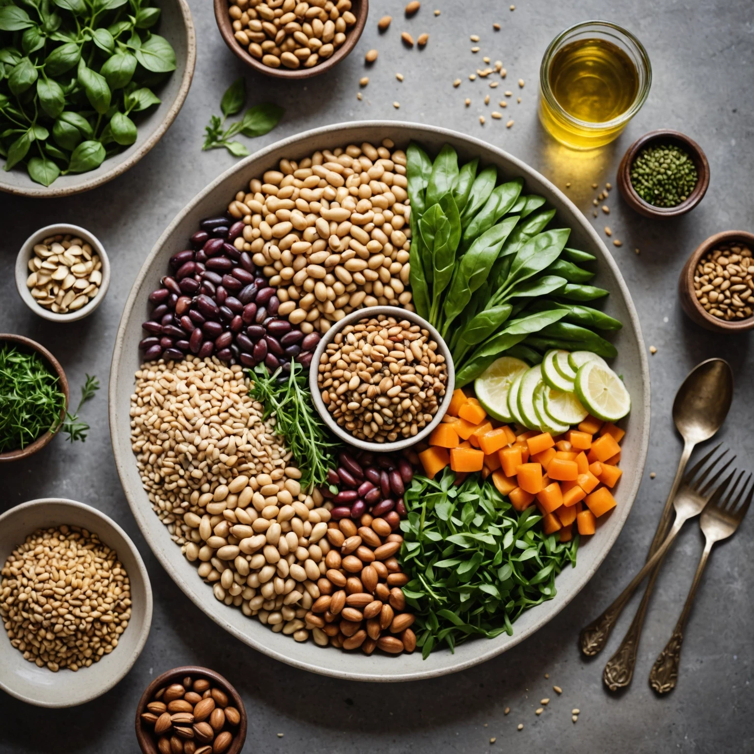 Fresh Mediterranean platter with whole grains, legumes, nuts, vegetables, olive oil and herbs symbolizing balanced whole-food nutrition