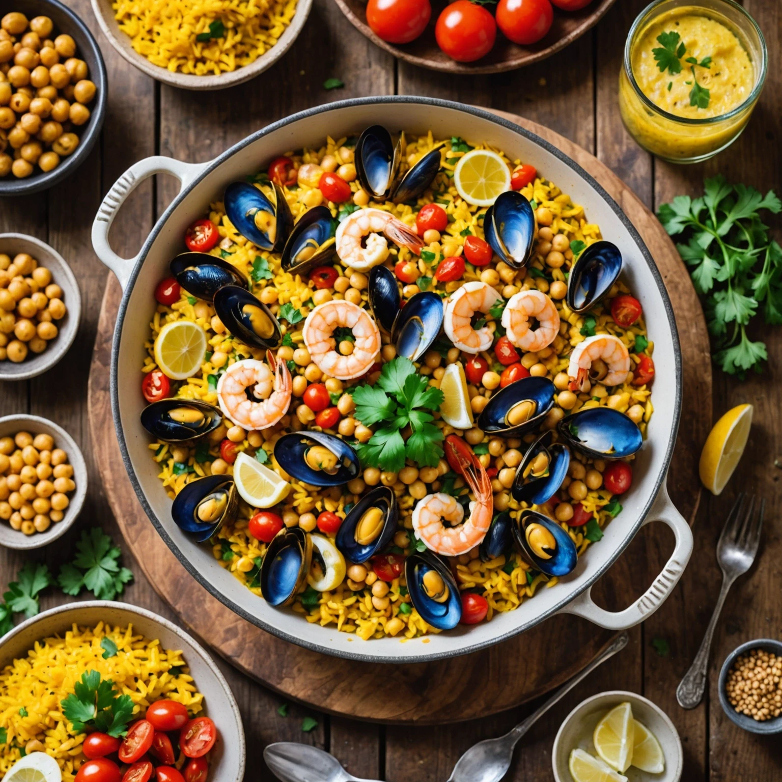 Seafood Paella Bowl with Saffron and Chickpeas