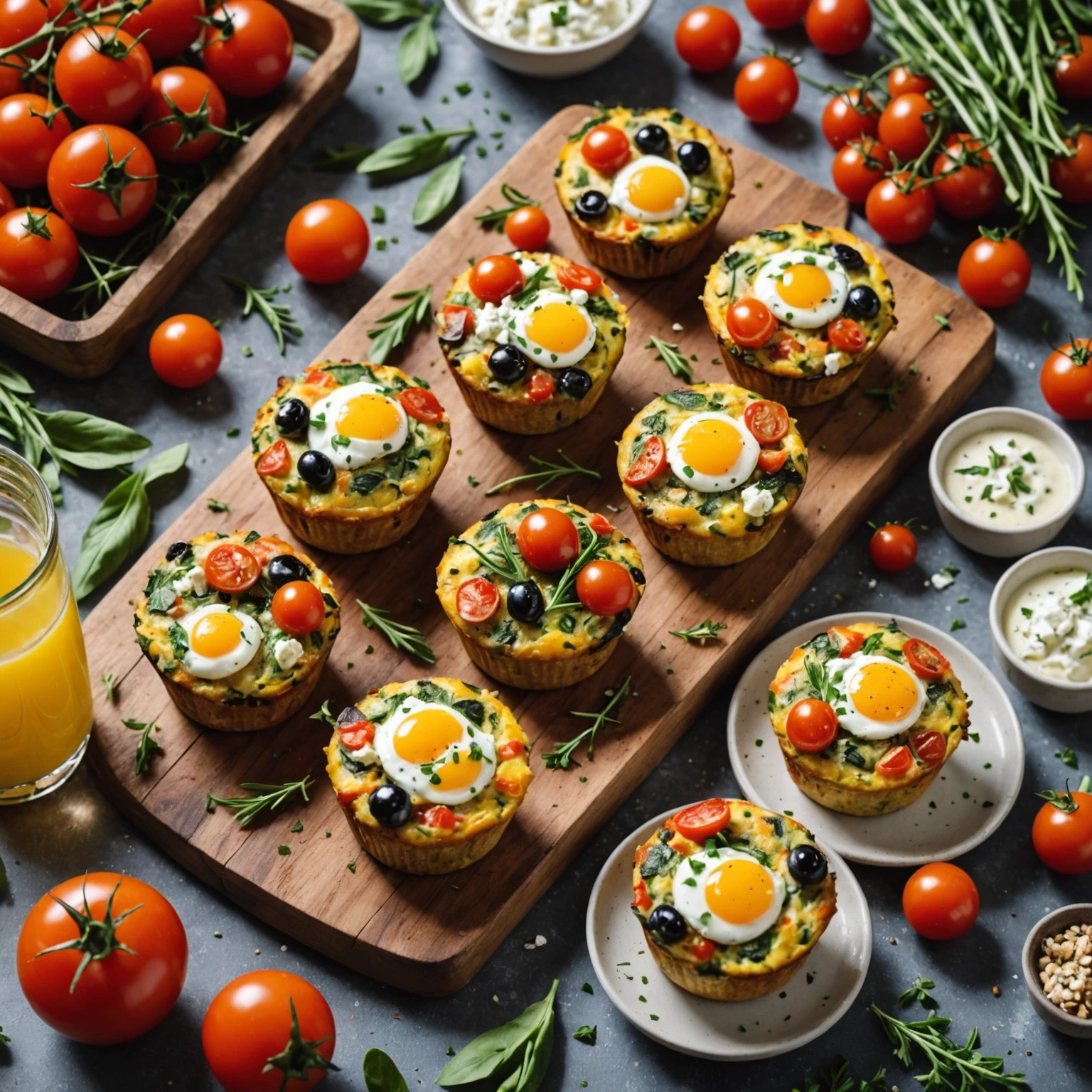Photographic image of savory Mediterranean herb frittata muffins on a wooden board with fresh herbs and cherry tomatoes