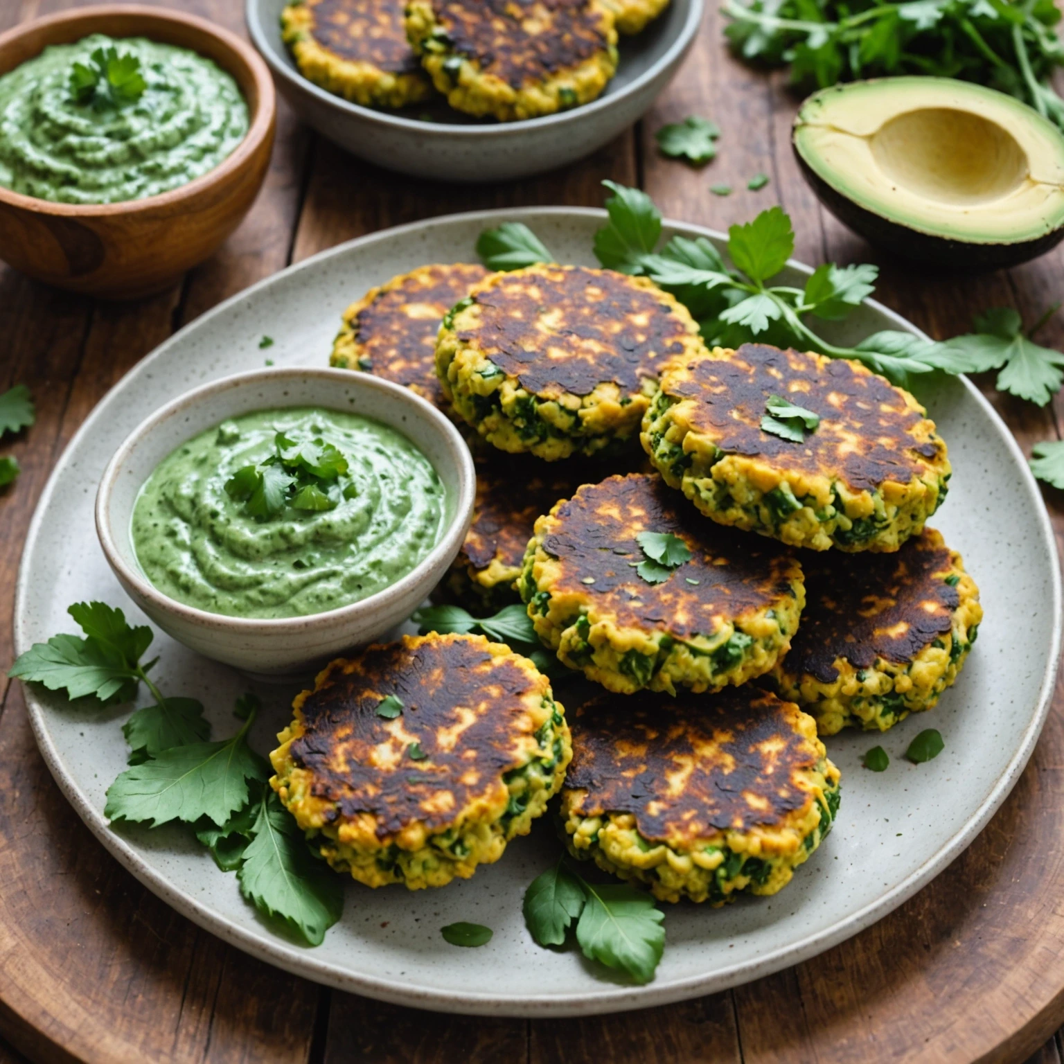 Vegan Keto Cauliflower and Spinach Patties with Creamy Avocado Cilantro Dip