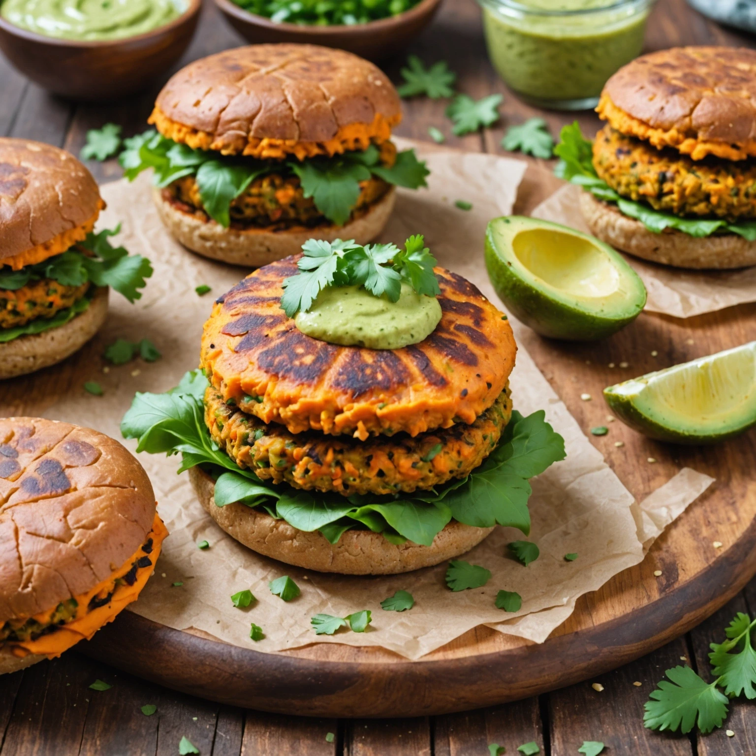Vegan High-Protein Sweet Potato and Lentil Burgers with Creamy Avocado Aioli
