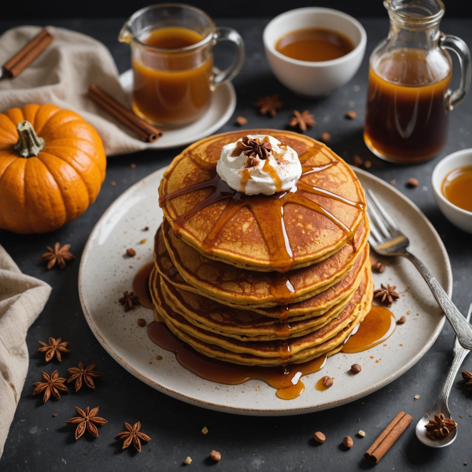 Gluten-Free Vegan Pumpkin Spice Pancakes with Cinnamon Maple Syrup