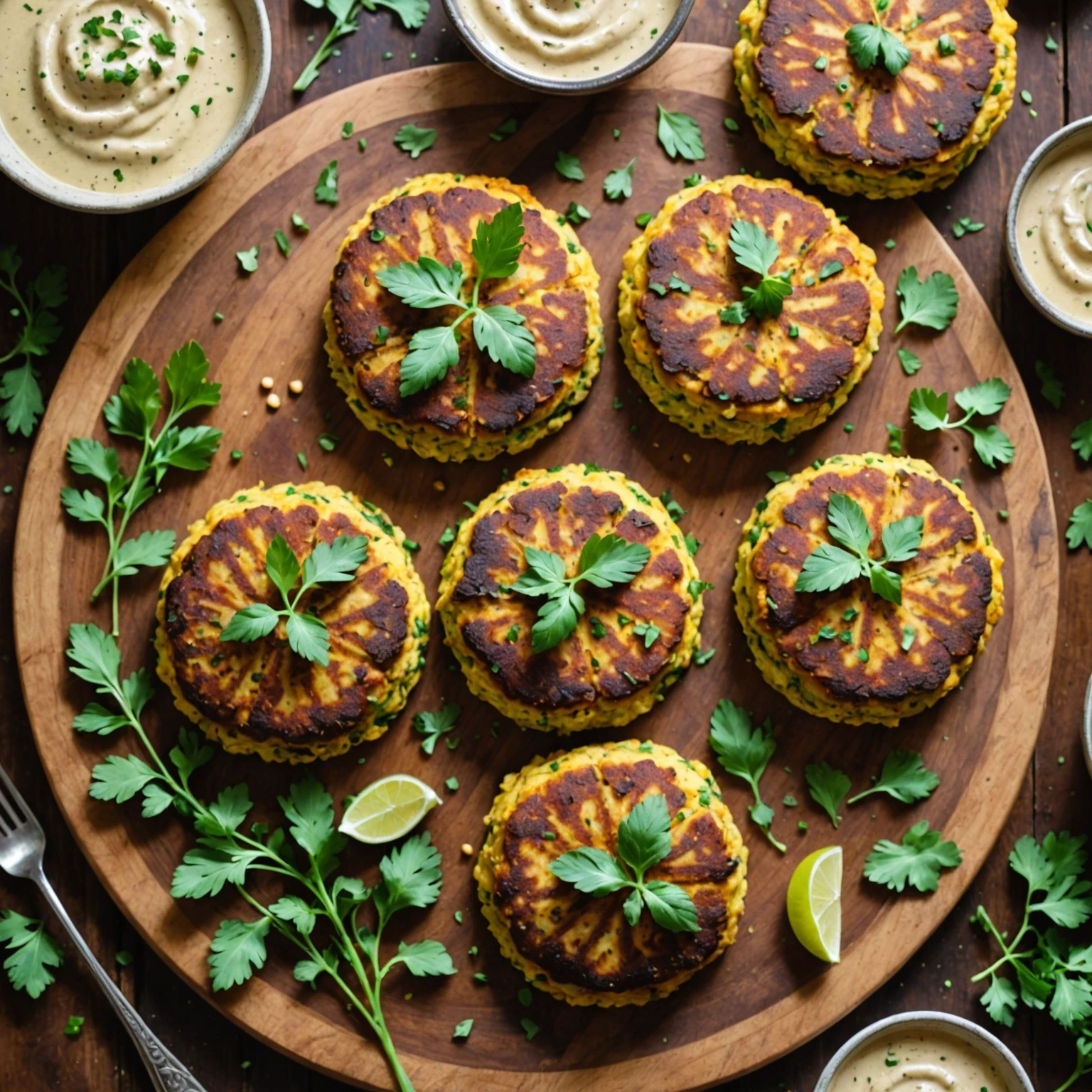 Vegan Savory Cauliflower and Chickpea Cakes with Tahini Drizzle
