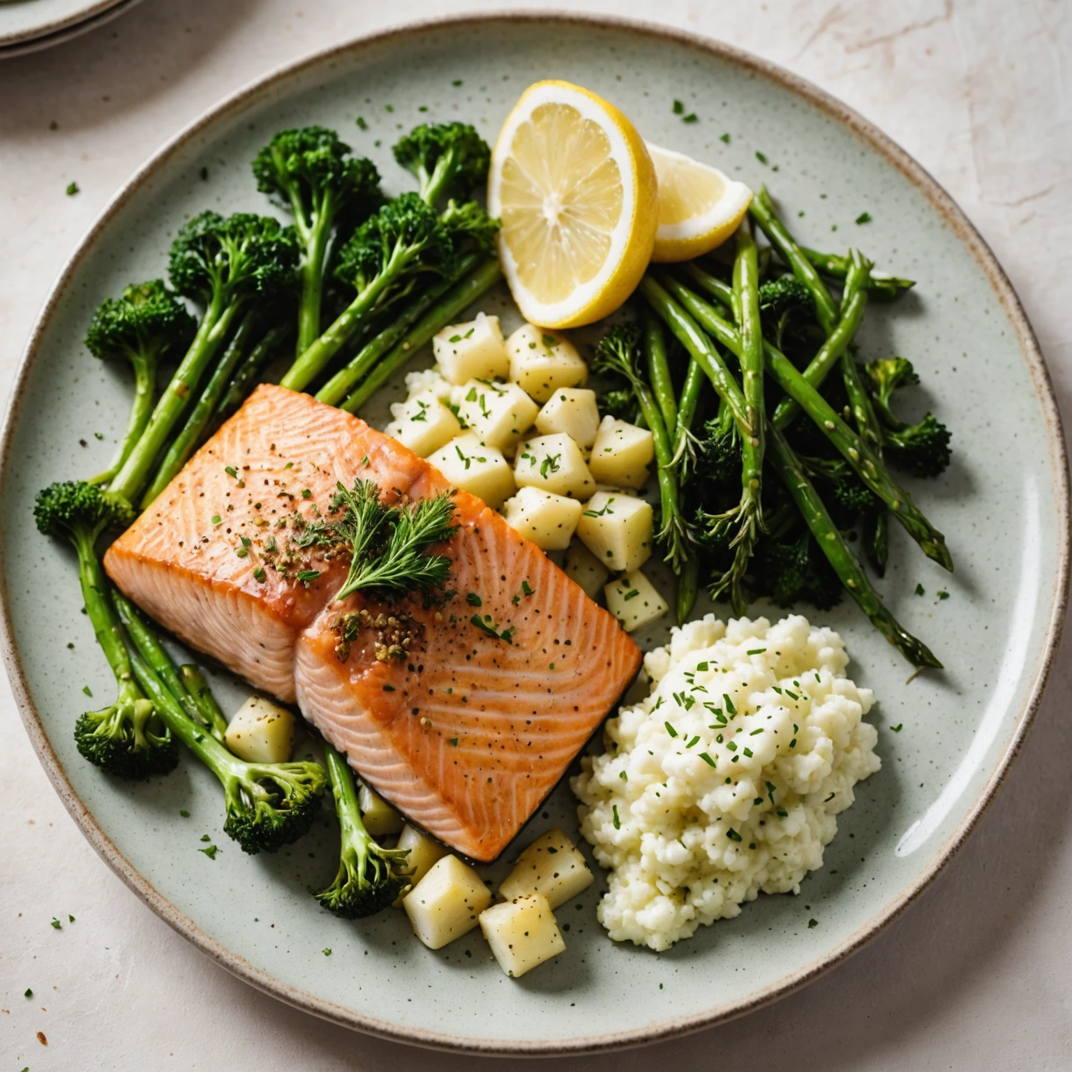 Herb-crusted salmon with roasted cauliflower mash and greens on a ceramic plate, representing a flavorful lean protein and vegetable dinner.