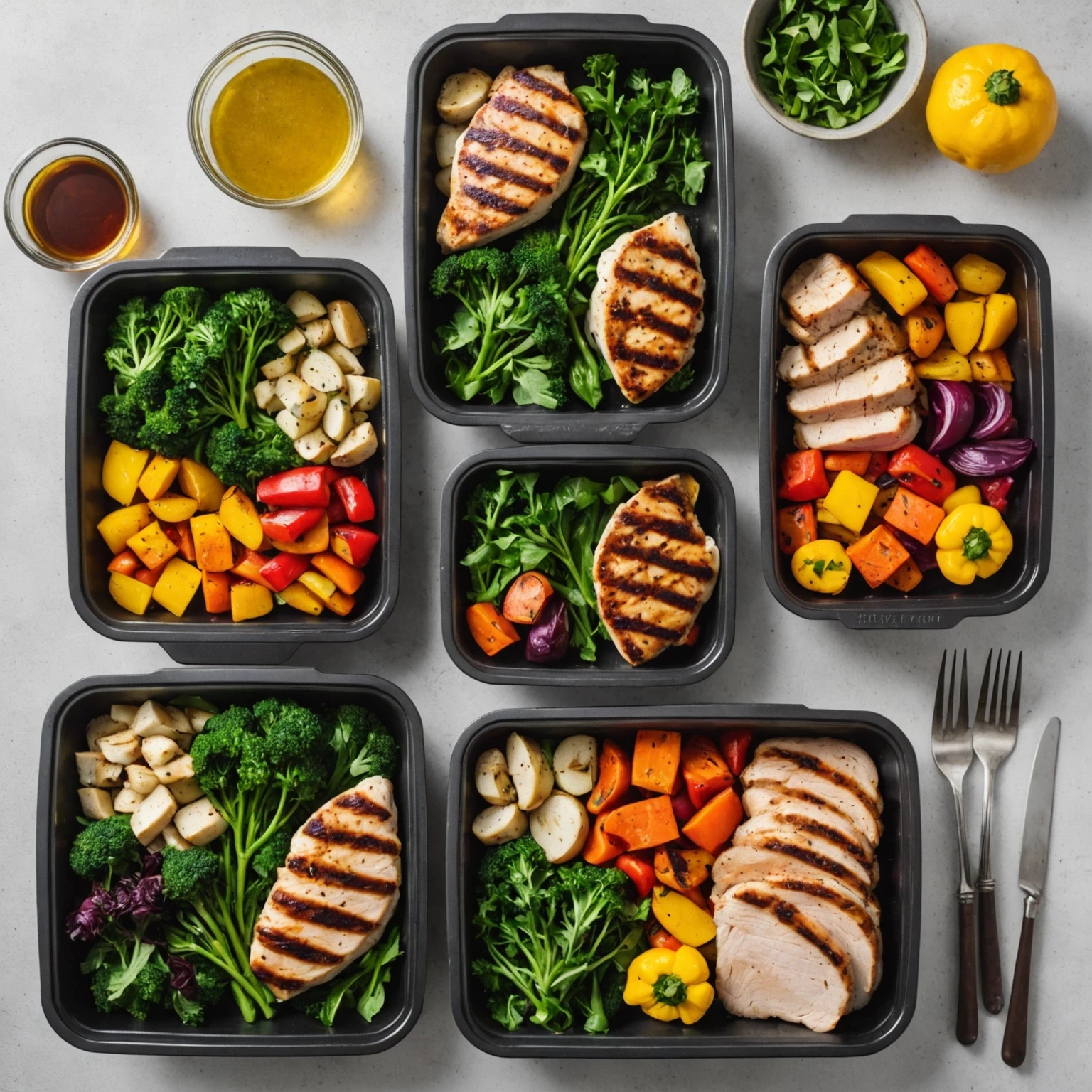 Meal prep containers with portioned lean proteins and roasted vegetables, illustrating practical meal prep for balanced nutrition and weight management.