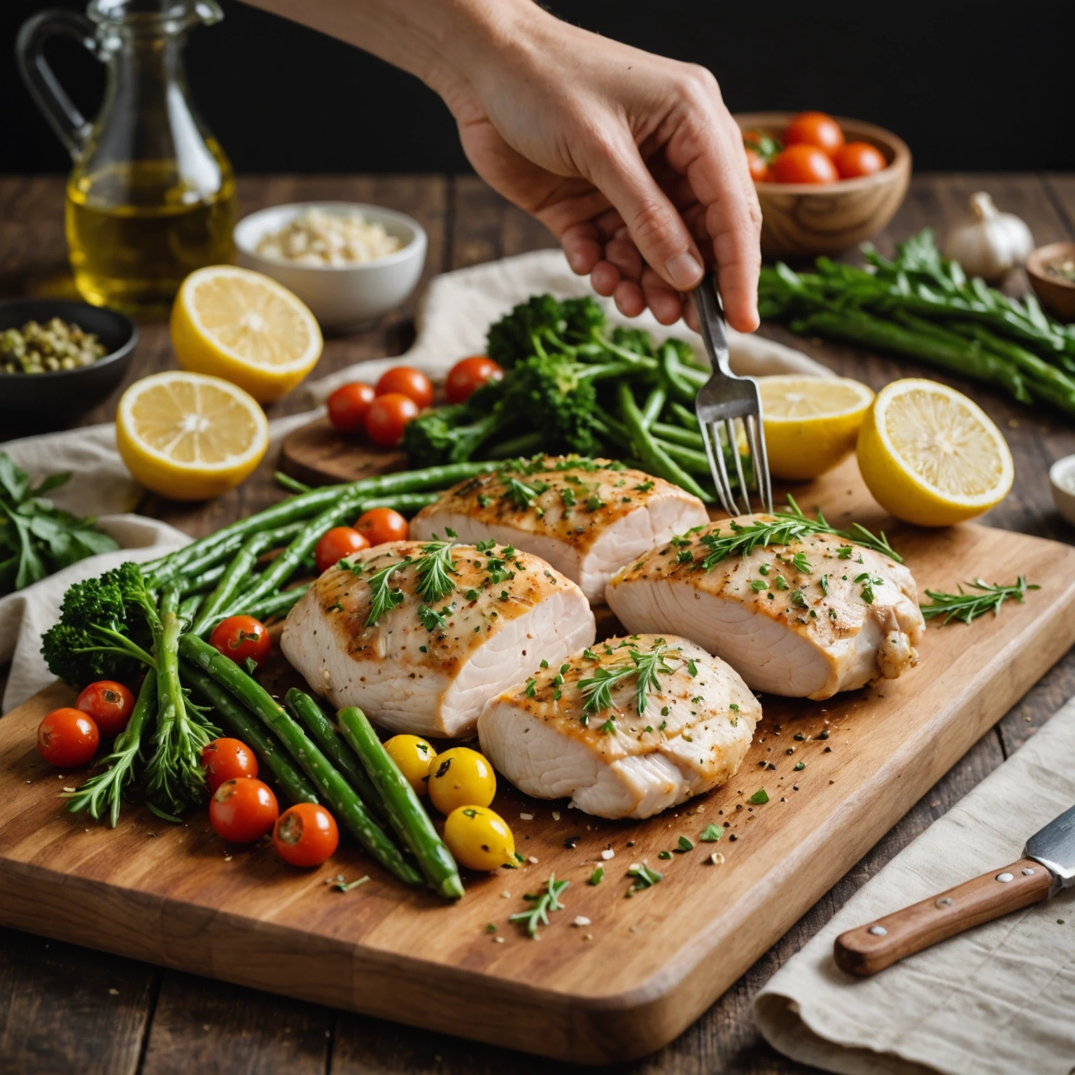 Cook preparing lean chicken breasts and fresh vegetables with natural herbs and seasonings on a wooden board, highlighting easy, flavorful meal preparation.