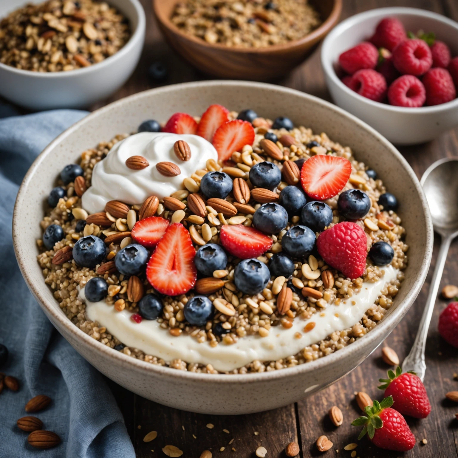 Close-up of high-fiber lentil and quinoa porridge blended with Greek yogurt topped with berries and seeds, in a rustic wooden bowl