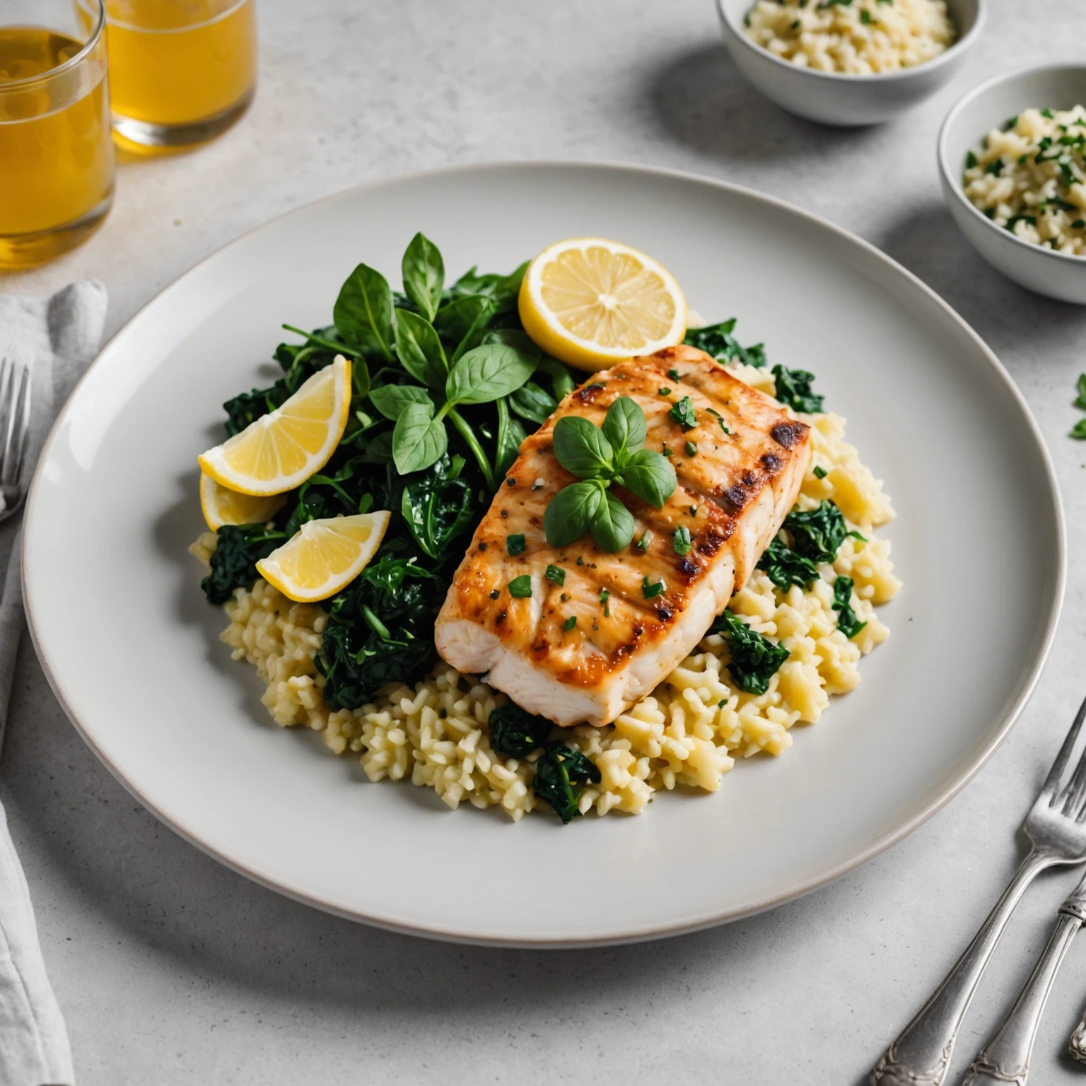 Plated chicken piccata with spinach and cauliflower risotto, garnished with fresh herbs and lemon, on a modern dining table