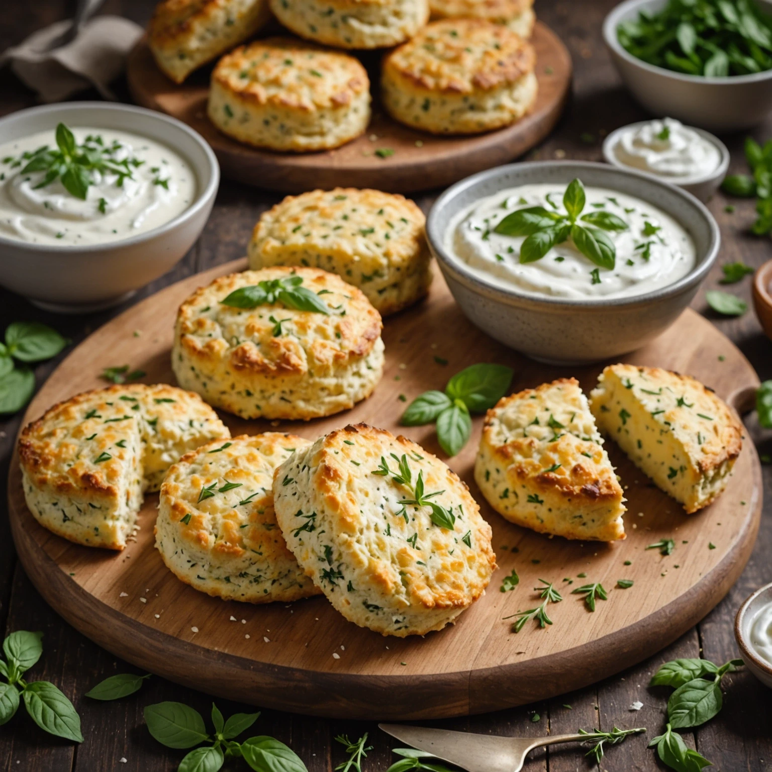 Golden low-carb savory cheese and herb scones on a wooden board with fresh herbs and creamy yogurt dip