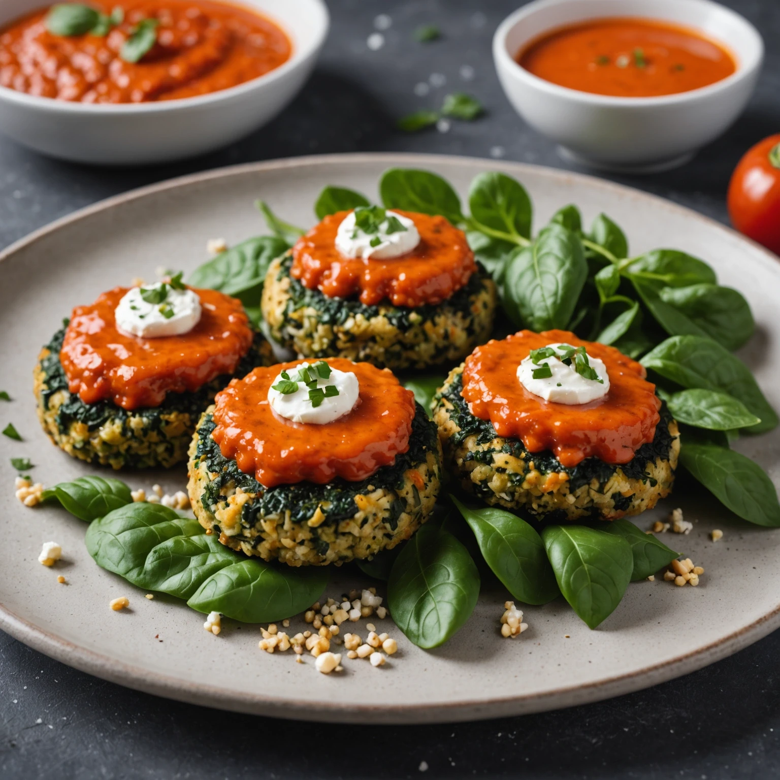 Vegetarian Savory Spinach and Feta Quinoa Cakes with Anti-Inflammatory Red Pepper Sauce
