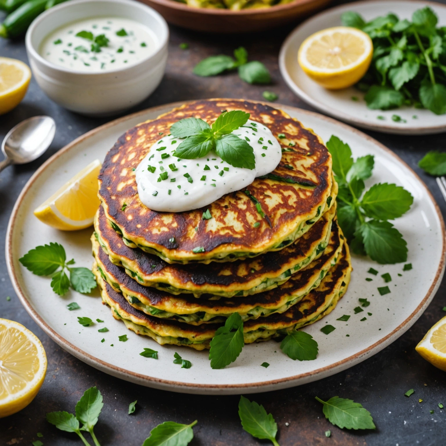 Low-Carb Mediterranean Zucchini Pancakes with Tangy Lemon Herb Yogurt Sauce