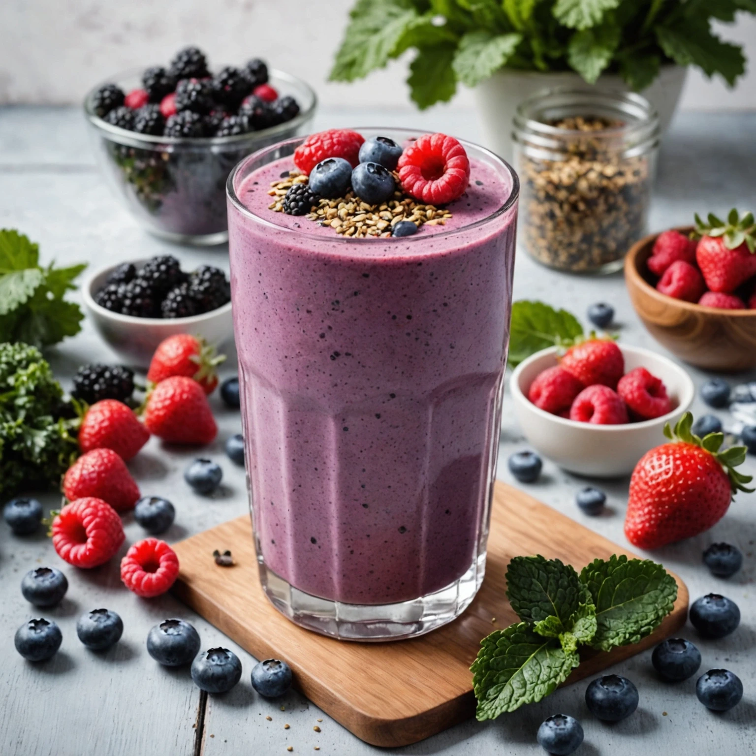 Berry and Kale Protein Smoothie with Chia and Flax Seeds