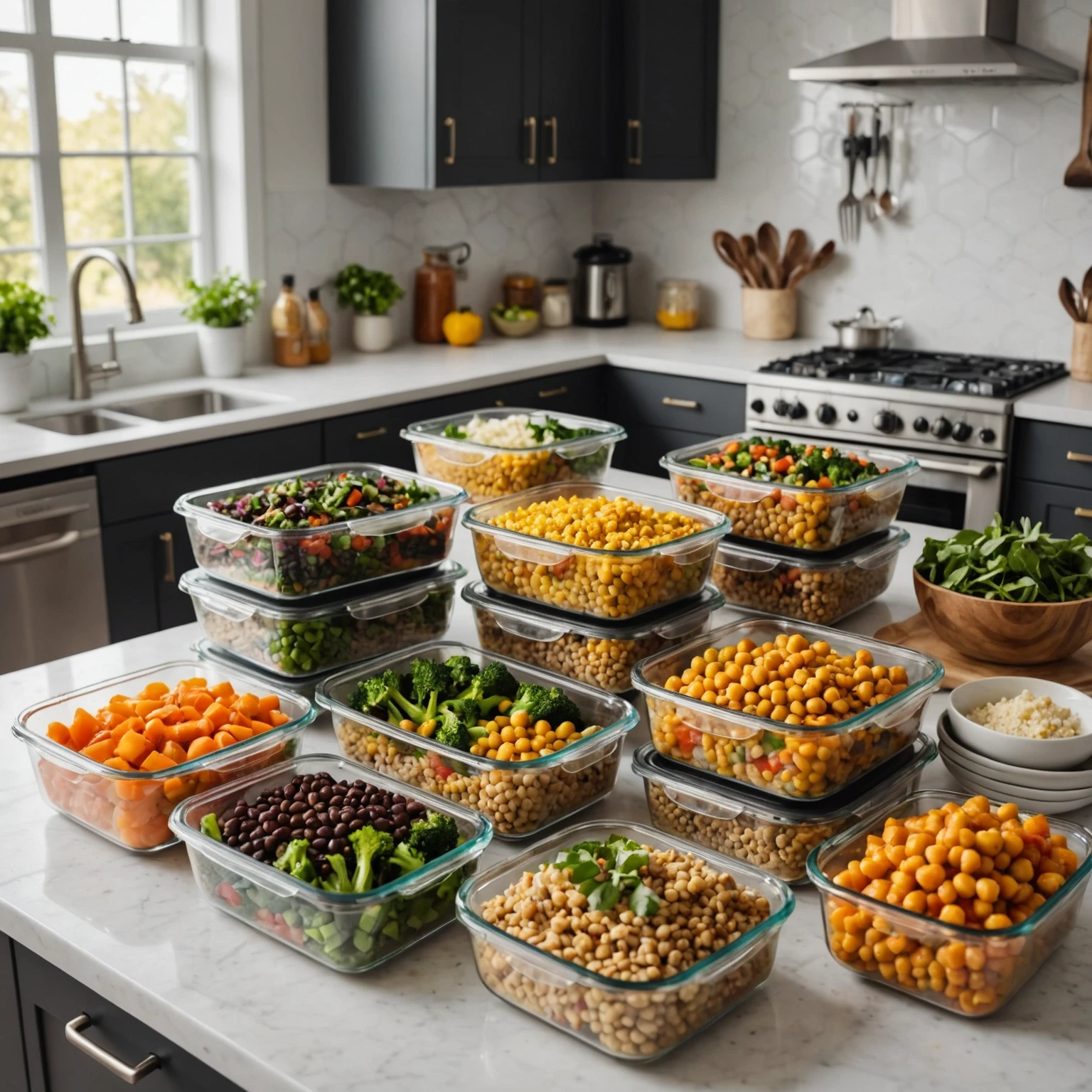 Glass containers with prepared protein-rich vegetarian meals for meal prepping on a kitchen island with fresh ingredients
