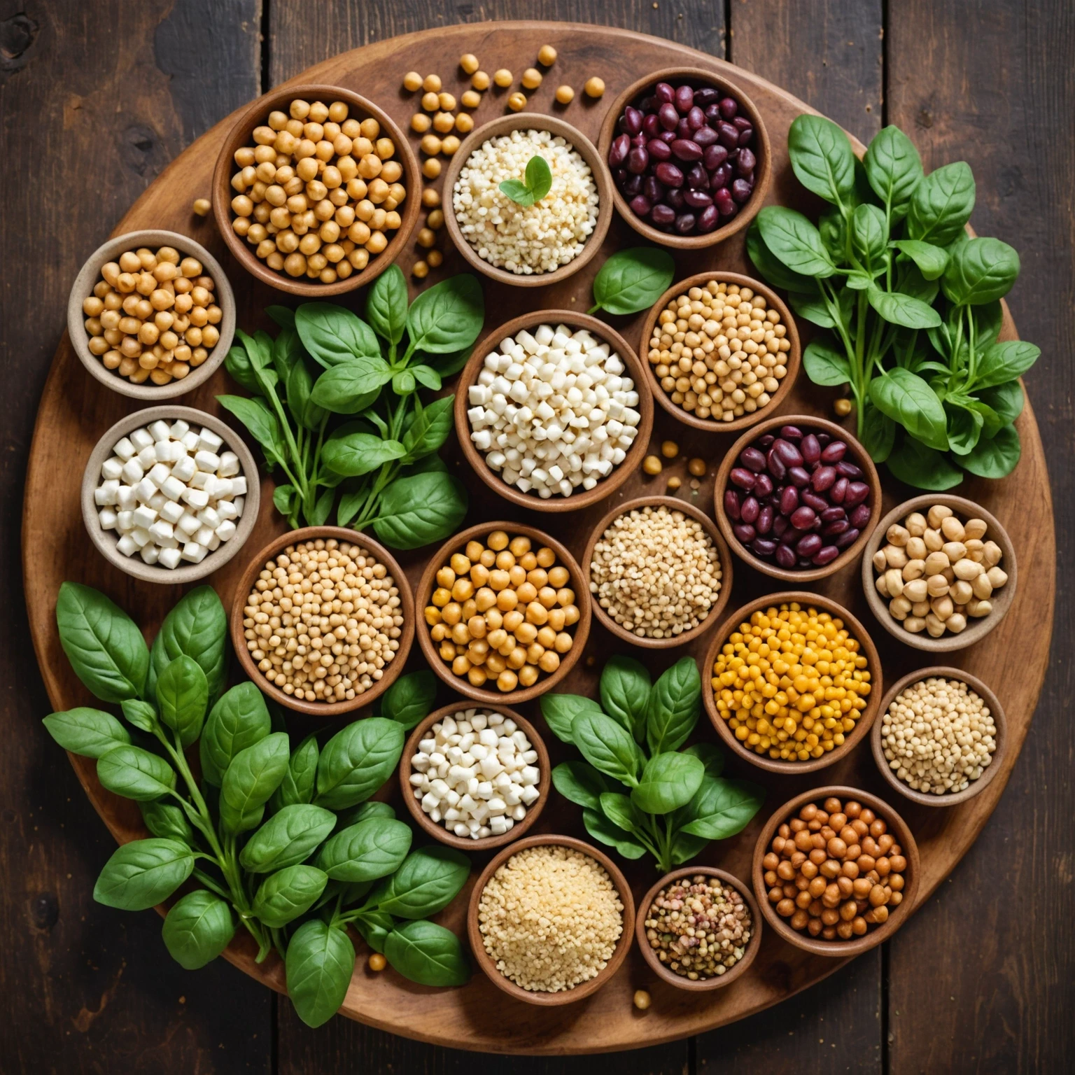 Artistic arrangement of raw protein-rich vegetarian ingredients including legumes, quinoa, spinach, feta, and nuts on a wooden surface
