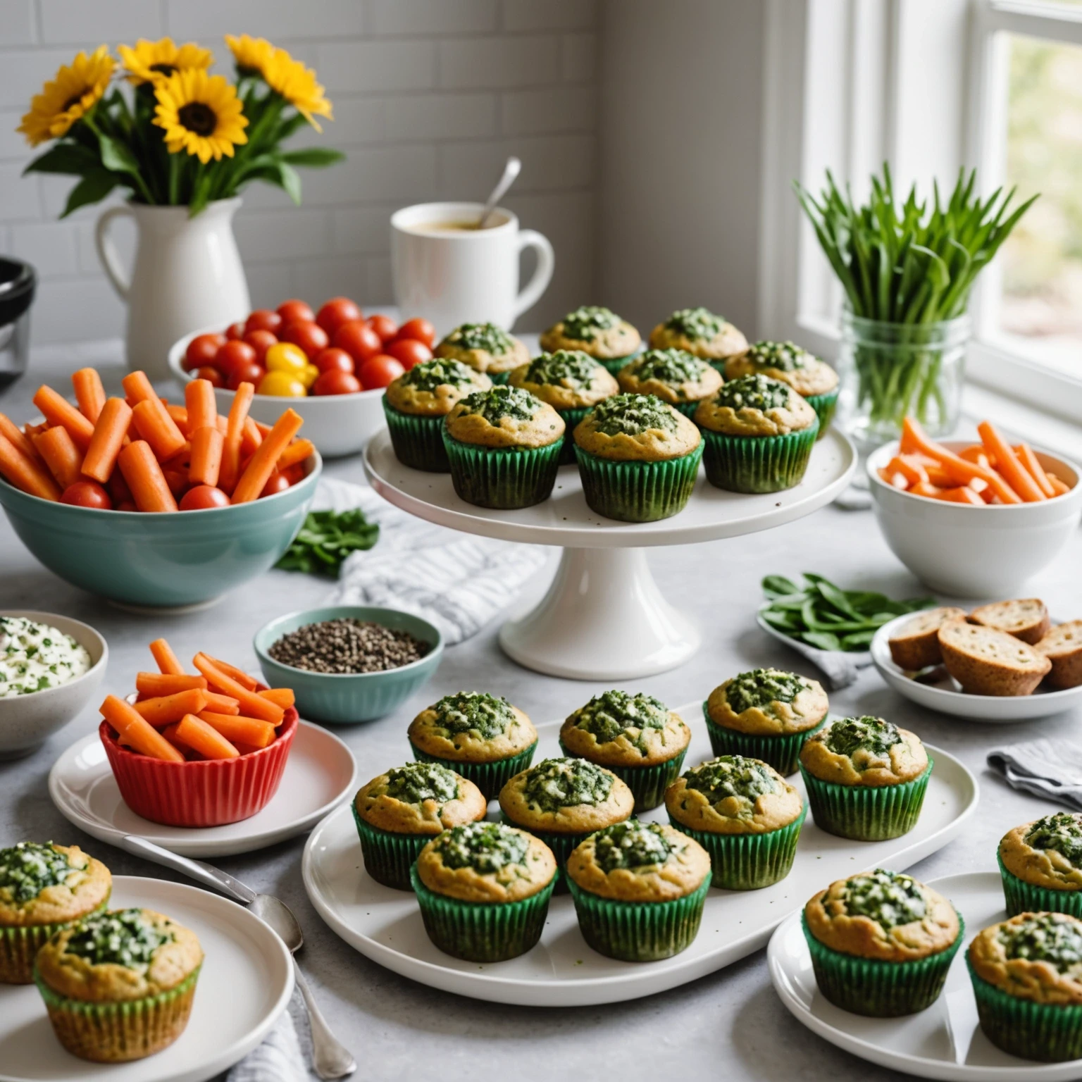 Kid-friendly vegetarian snacks including spinach chia muffins and cream cheese chive cupcakes on a stylish platter in a cozy kitchen