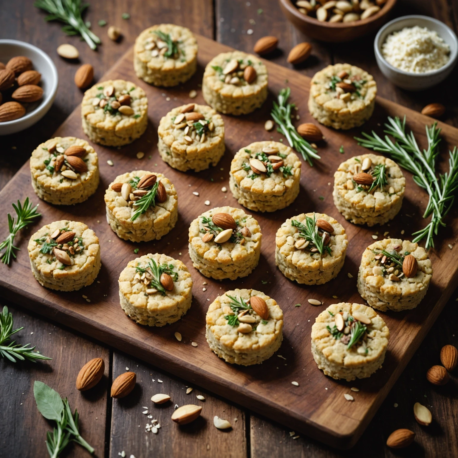 Golden-brown paleo almond flour biscuit bites with herbs and nuts on a rustic wooden board, styled as a healthy savory snack.