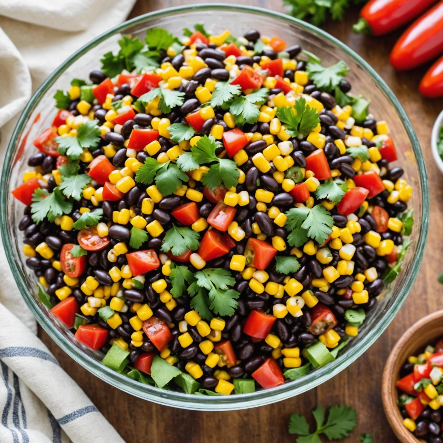 Colorful glass bowl of black bean and corn salsa salad with cilantro on a light kitchen counter, representing a fresh vegetarian side dish.