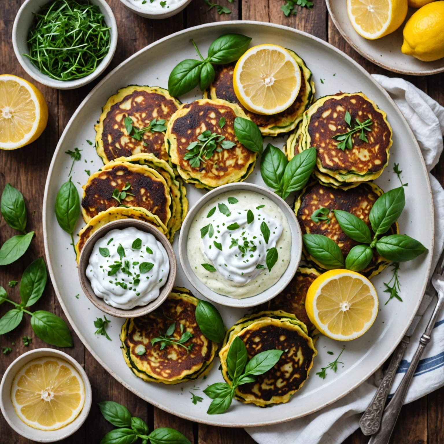 Top-down view of golden zucchini pancakes with lemon herb yogurt sauce on a rustic wooden table, illustrating a low-carb Mediterranean side.