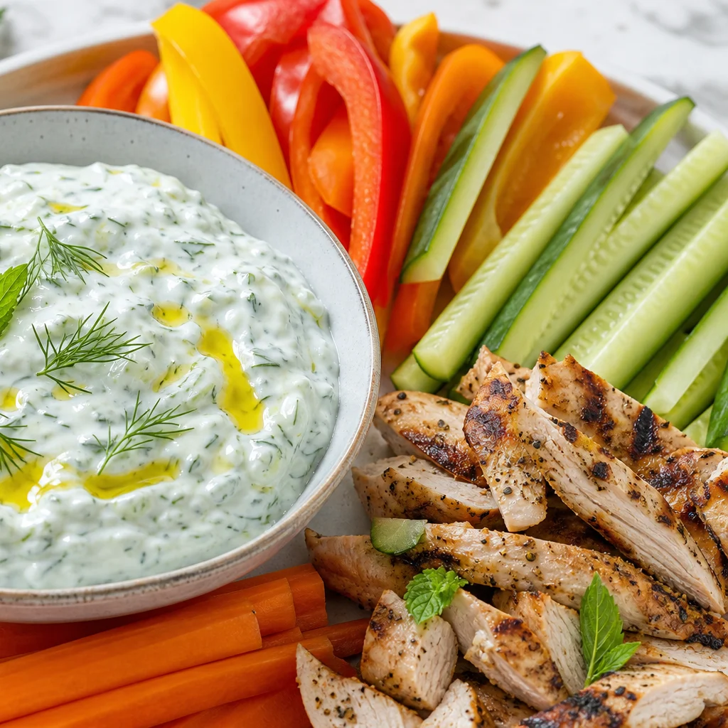 Powerproteinplates Low-Fat Greek Yogurt and Cucumber Tzatziki Dip process and serving image