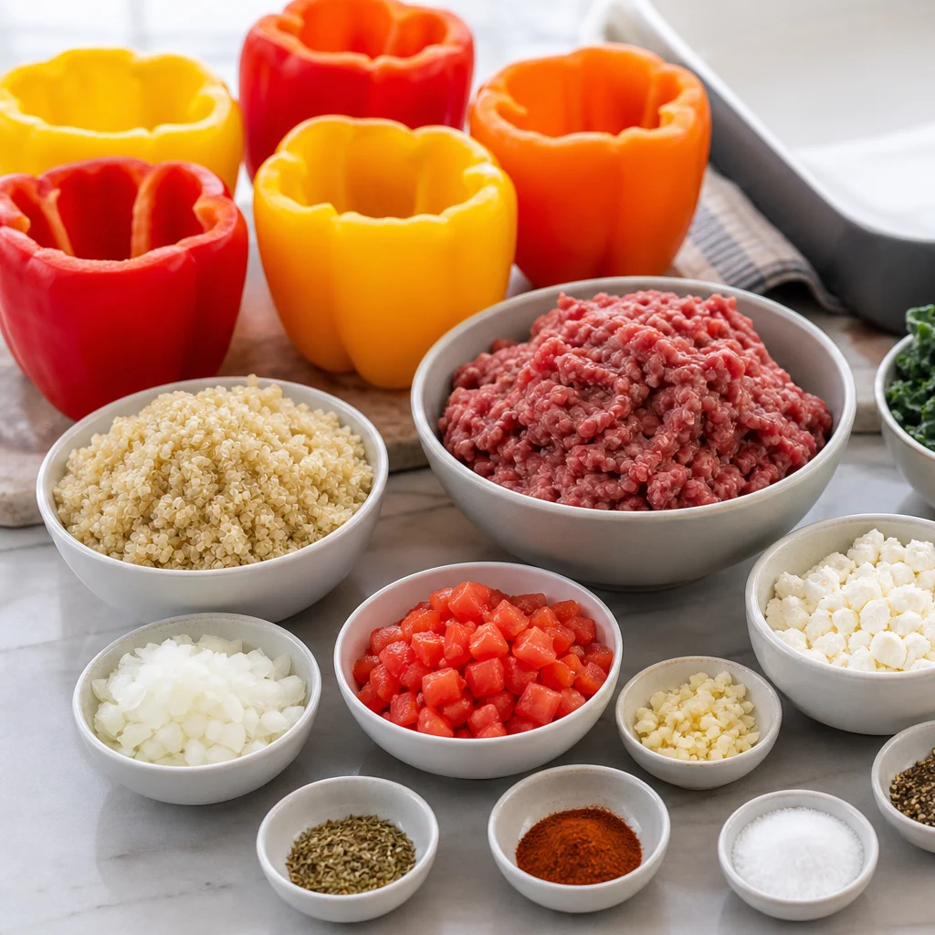 Powerproteinplates Beef and Kale Stuffed Bell Peppers with Quinoa ingredients image