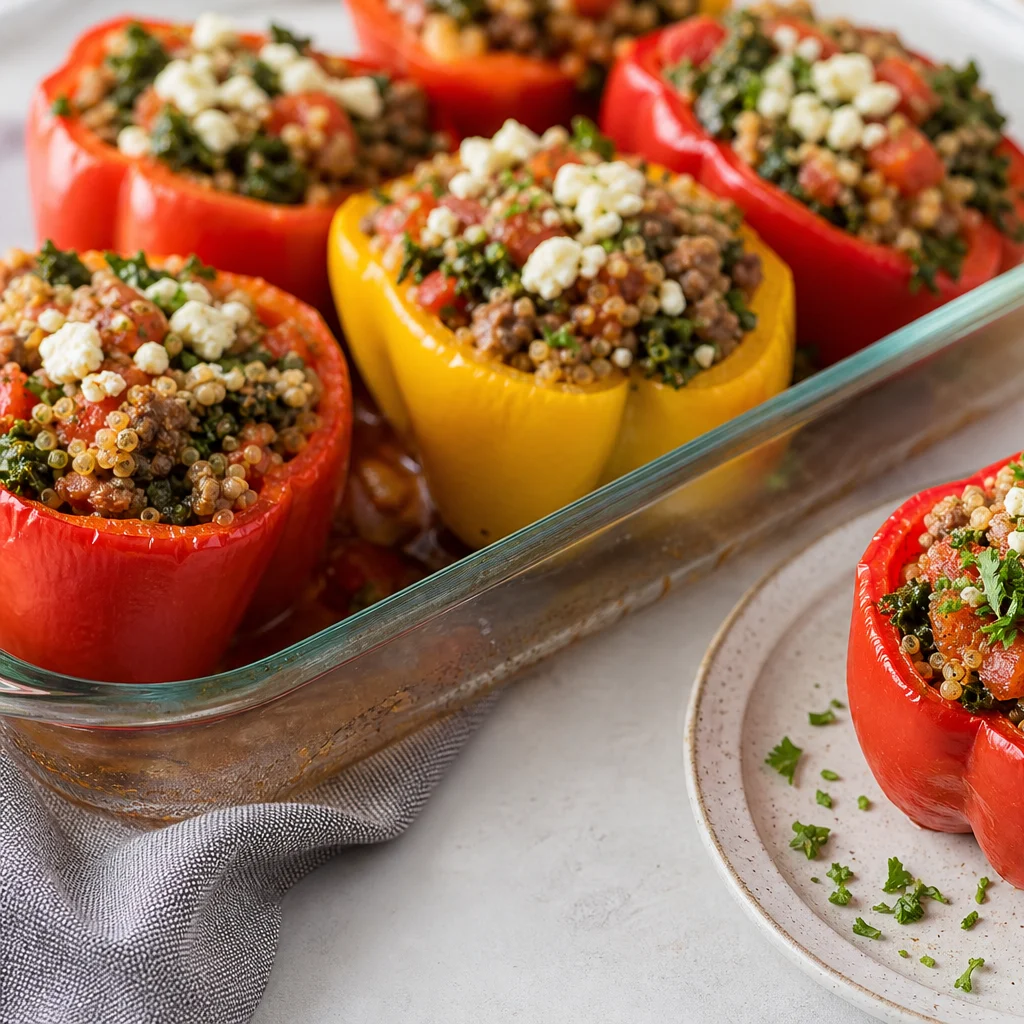 Powerproteinplates Beef and Kale Stuffed Bell Peppers with Quinoa process and serving image
