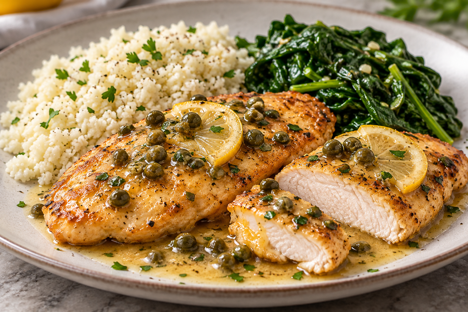 Chicken Piccata with Spinach and Cauliflower Risotto